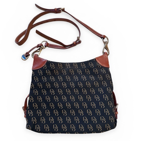 Dooney & Bourke Handbags - Dooney & Bourke Navy Monogram Crossbody with Brown Leather Trim